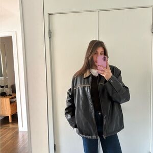 Chaps Black faux Leather Jacket tan Sherpa